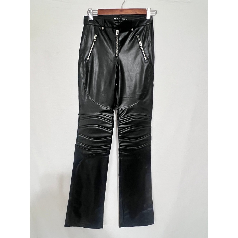 ZARA Faux Leather Moto Pants Black Zipper Detail Ruched Waist Women Size xs